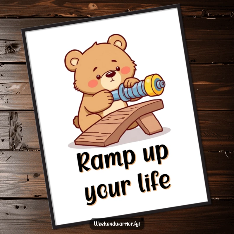 Funny poster art of a determined bear intently tightening a bolt on a makeshift ramp, conveying strong focus and effort.