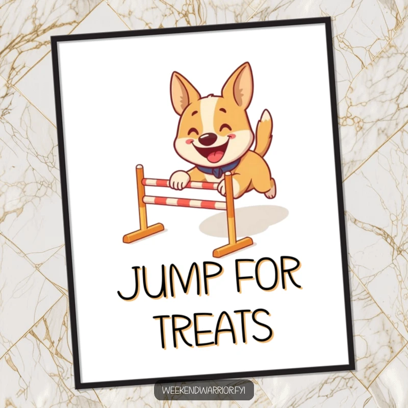 Funny poster: A smiling dog energetically navigating miniature obstacles, capturing the thrill of the course.
