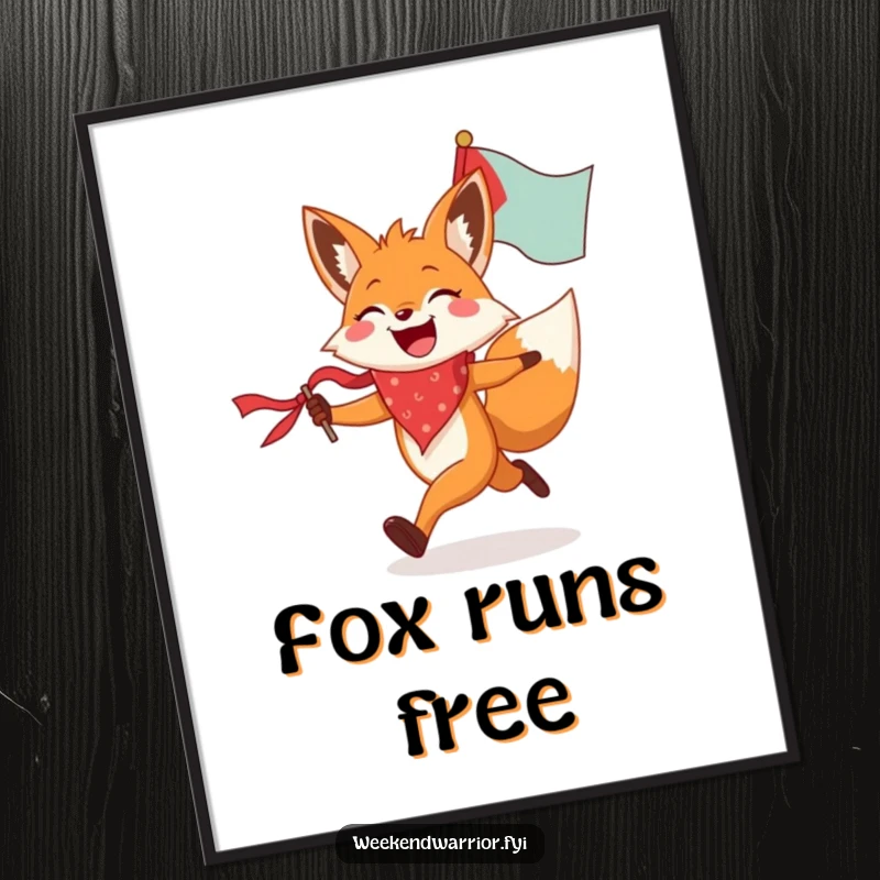 Funny fox poster depicting a joyful fox in a bandana running energetically with a flag, a humorous and uplifting piece of art.