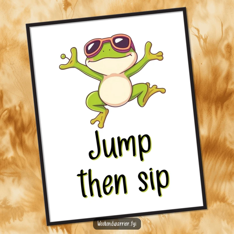 Funny poster of a frog in goggles, mid-air, smiling widely after a successful, impressive jump.