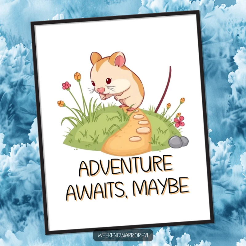 Funny hamster poster art of a curious rodent exploring a tiny, overgrown path, evoking a sense of wonder and miniature adventure.