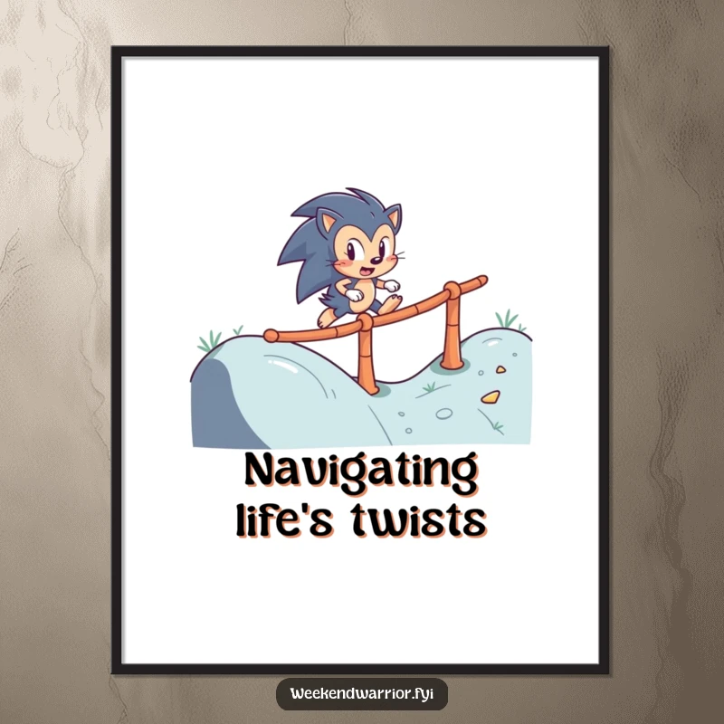 Funny poster art of a determined hedgehog character skillfully navigating a winding obstacle course, symbolizing perseverance.