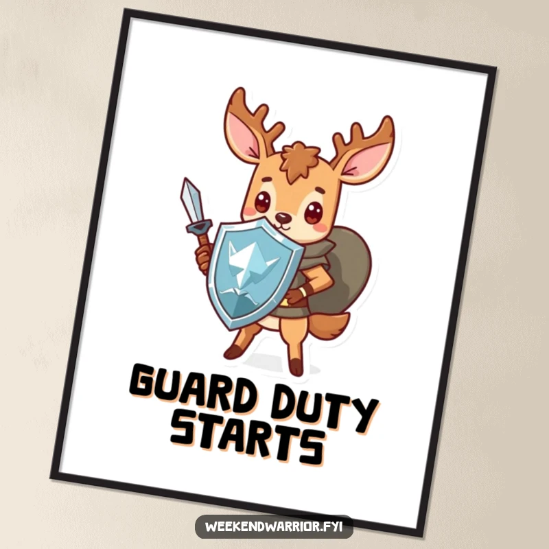 Funny Kawaii deer poster, depicting a brave warrior with a sword and shield, a humorous and inspiring wall art.