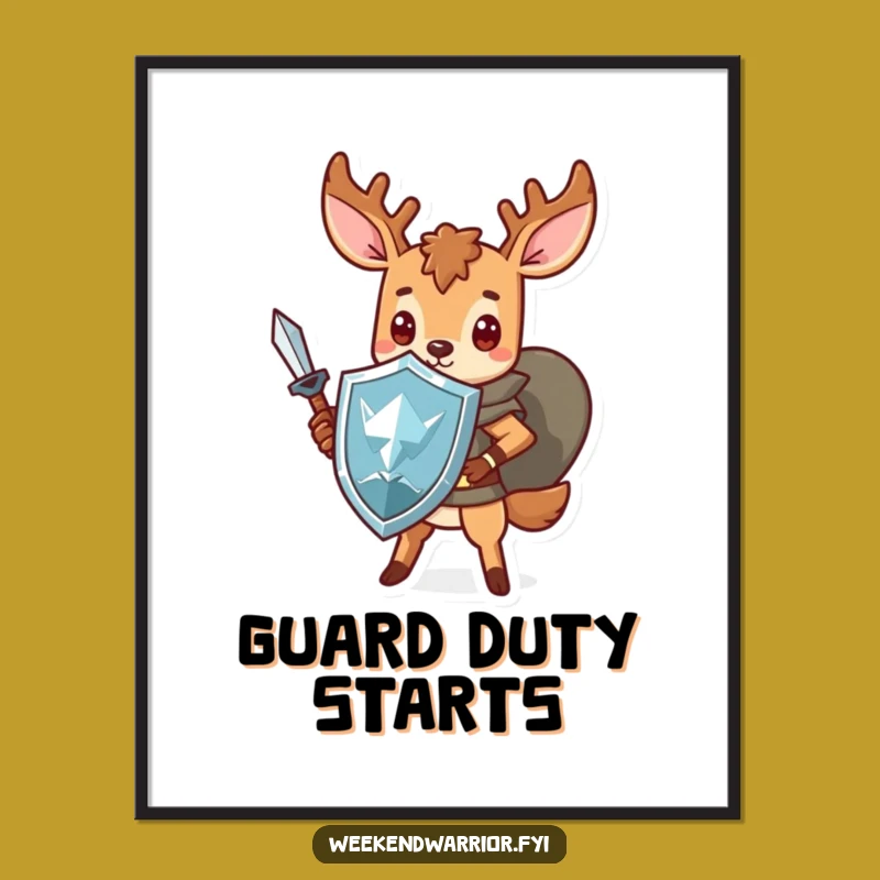 Funny Kawaii Deer Poster: Brave Hero Art with Sword and Shield, Unique Funny Gift
