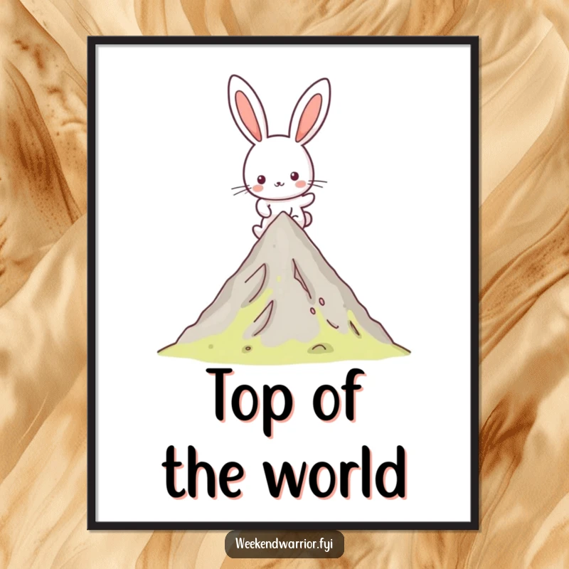 Funny Kawaii rabbit poster showing a happy character joyfully hiking up a mountain peak, perfect for inspirational wall decor.