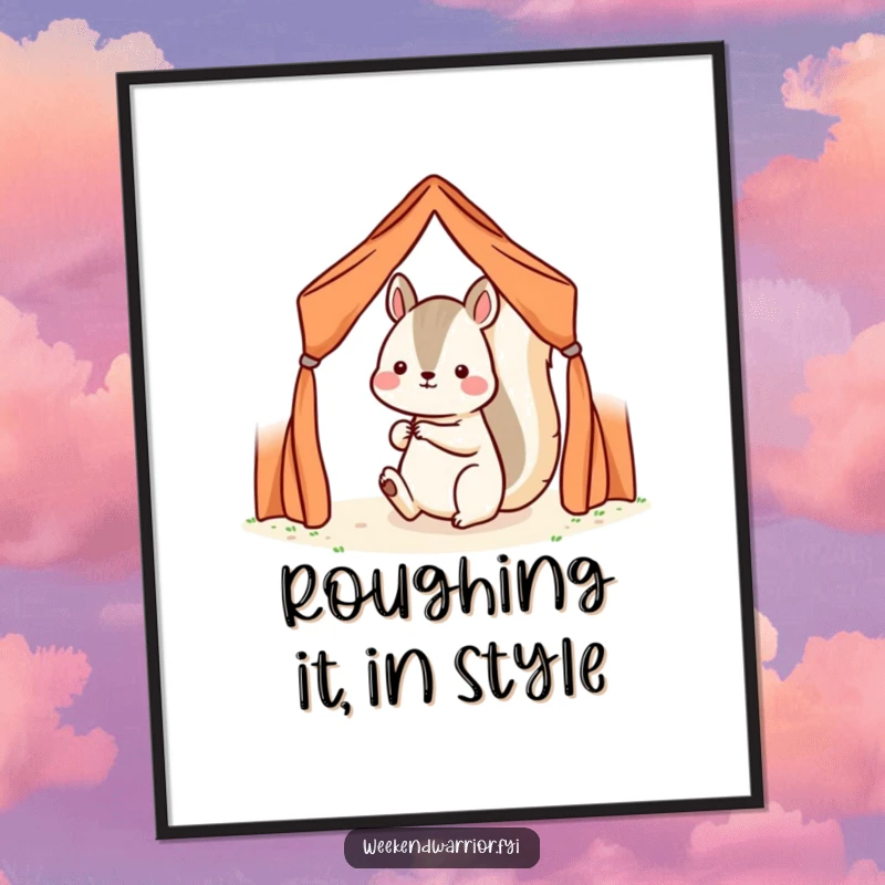 Funny Kawaii squirrel character humorously setting up a small tent on a poster, showcasing camping prowess.