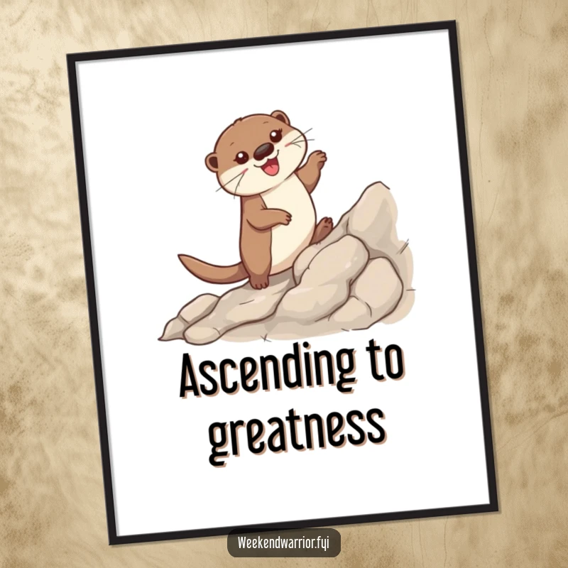 Funny poster illustrating a ecstatic otter ascending a rugged rock face, paws firmly planted, conveying a sense of victory.