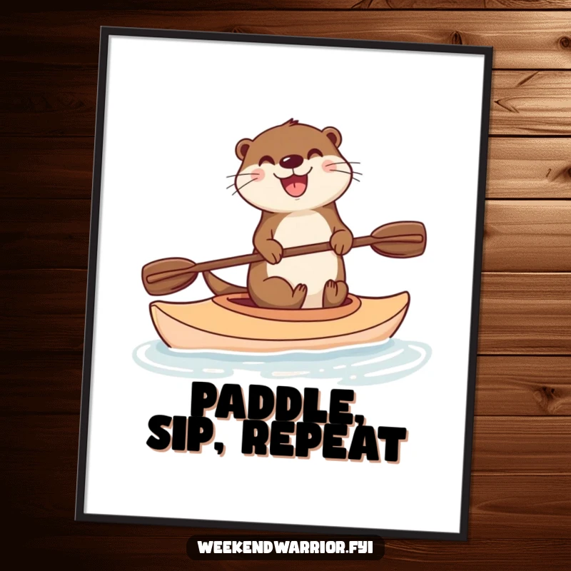Funny poster showcasing a delighted otter mastering kayak balance with a paddle, bringing vibrant, humorous aquatic art to your walls.