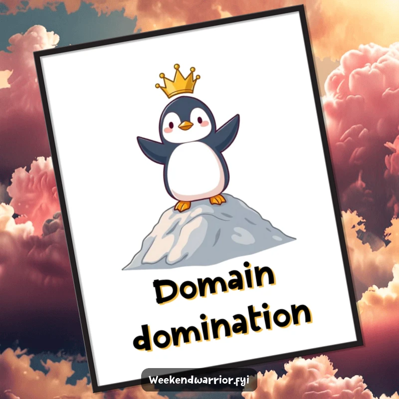 Funny poster illustrating a proud penguin standing atop a small hill, gazing victoriously over its surroundings.