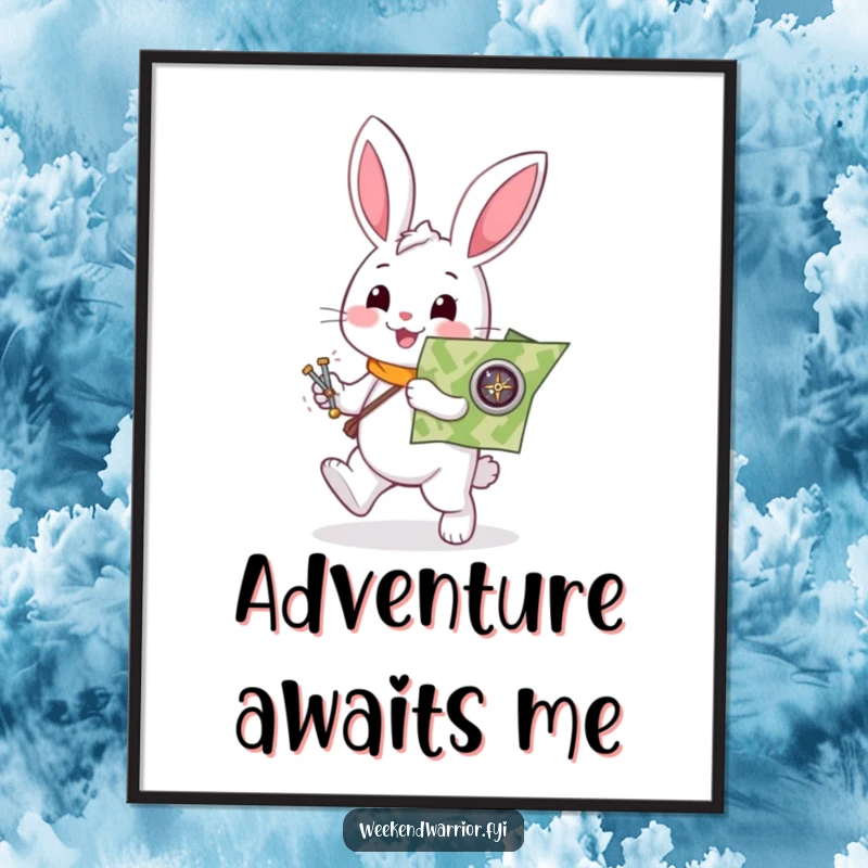 Funny rabbit poster depicting a helpful white character vigorously holding a map and compass, art for adventurous spaces.