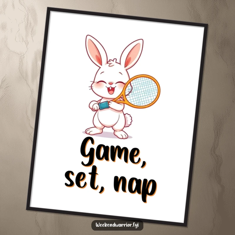 Funny poster of a happy bunny holding a tennis racket, poised for a powerful swing, embodying athletic fun and humor.