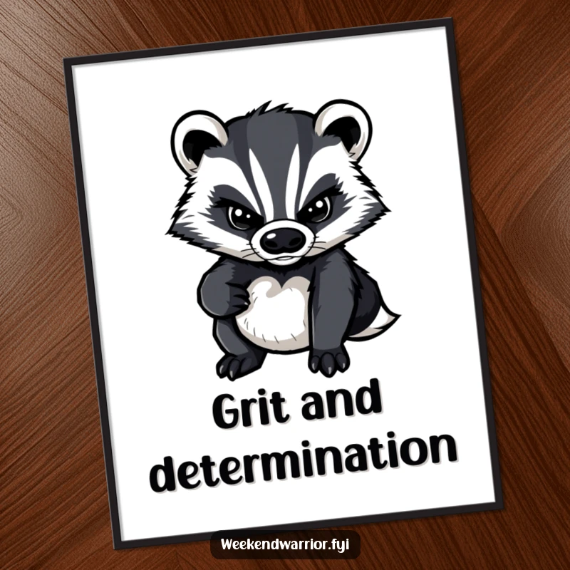 Funny poster showcasing a resolute cartoon badger, exuding strength and a can-do attitude in a vibrant illustration.