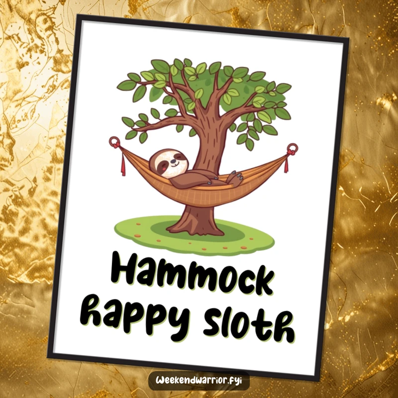 Funny poster featuring a content sloth relaxing in a hammock under a tree, bringing humorous tranquility to any space.