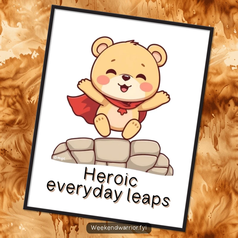 Funny Superhero Bear Cub Poster, a happy bear cub in a red cape leaping over a gap, heroic and humorous wall decor.