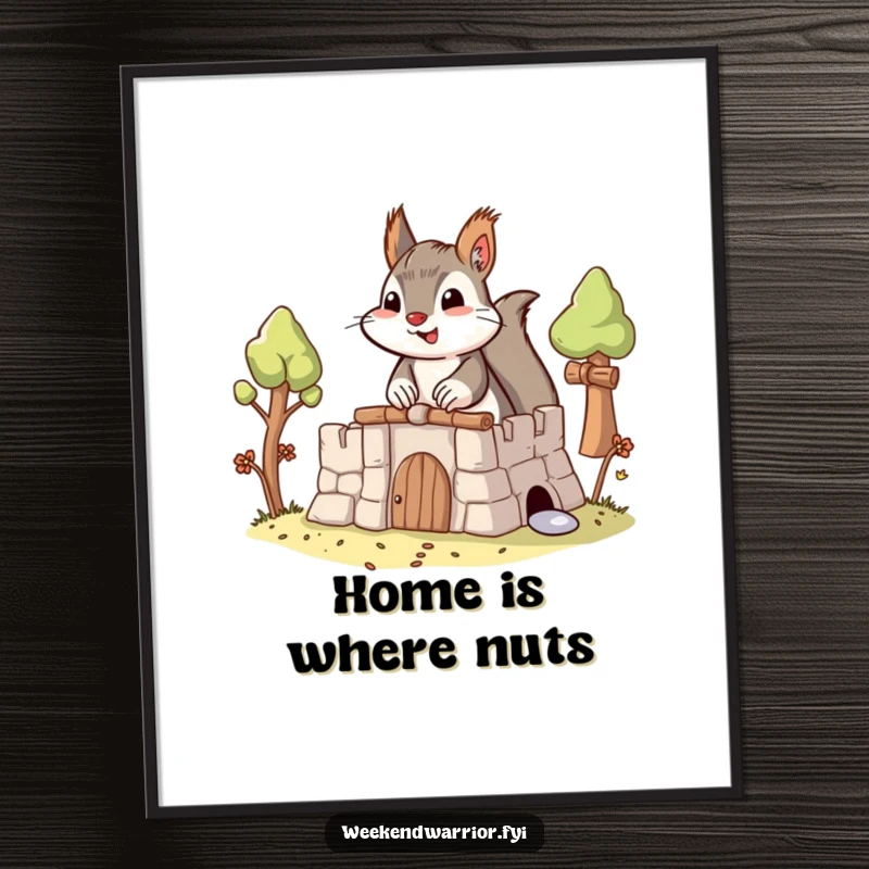 Funny Squirrel Fort Poster featuring a determined squirrel meticulously building an elaborate fort, ideal for wall decor.