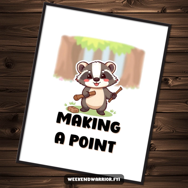 Funny poster depicting a happy badger wielding a small axe, focused on chopping a twig in a woodland setting.