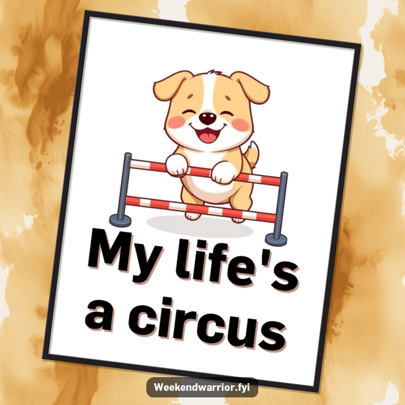 Funny dog poster print of a giggling dog triumphantly navigating a tiny obstacle course, exuding joy and comical determination.