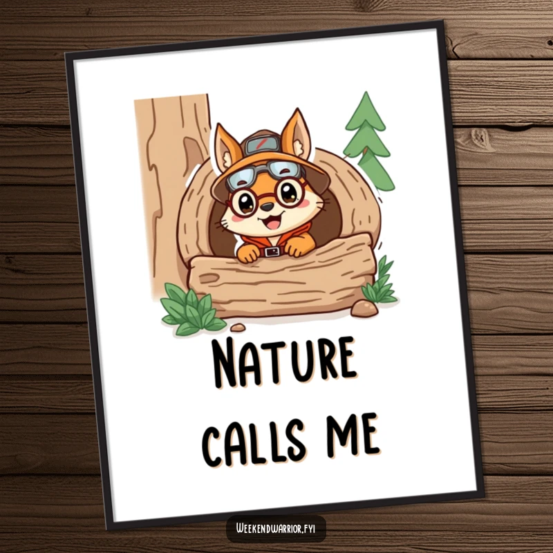 Funny poster of a delighted squirrel explorer in gear, peeking humorously out of a log, adding a touch of wilderness wit.