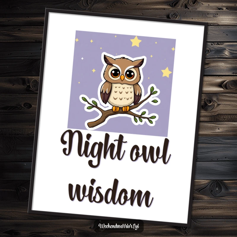 Funny poster featuring a curious cartoon owl observing a beautiful starry night sky from a tree branch.