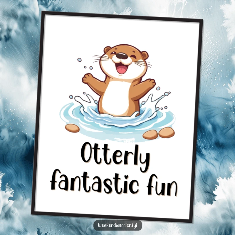 Funny poster showcasing a happy cartoon otter having a blast splashing in a clear blue stream, full of life.