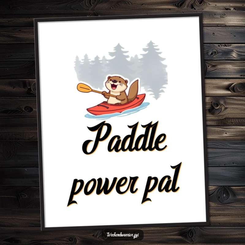 Funny otter in a kayak with a paddle, expressing excitement, a humorous art print.