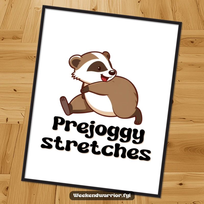 Funny poster of a playful badger stretching enthusiastically before a morning jog, adding a humorous touch to any room.
