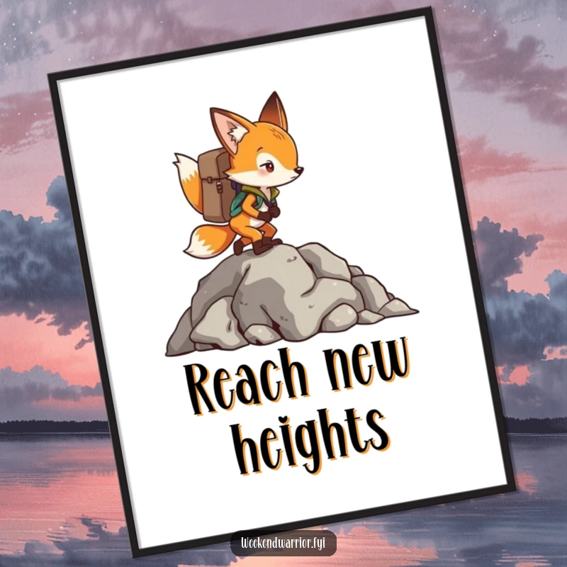 Funny Fox Poster showing a determined fox with a backpack, climbing a rocky outcrop, a symbol of perseverance.