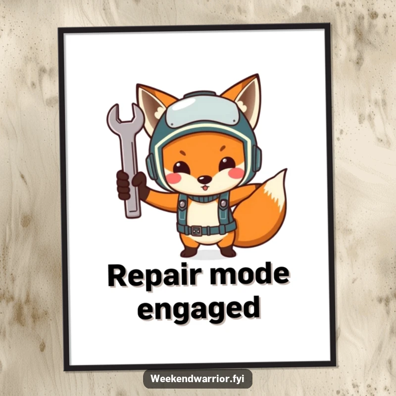 Funny Determined Fox Mechanic Poster, a fox in a helmet triumphantly raising a tiny wrench, motivational and humorous wall art.