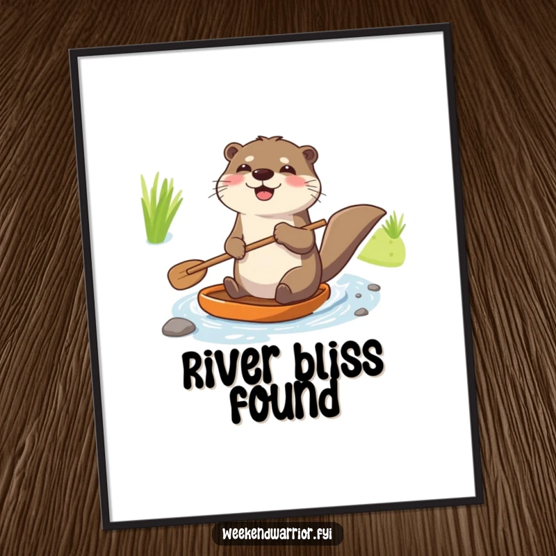 Funny poster of a joyful otter with a paddle navigating a tiny stream enthusiastically, perfect for cheerful decor.