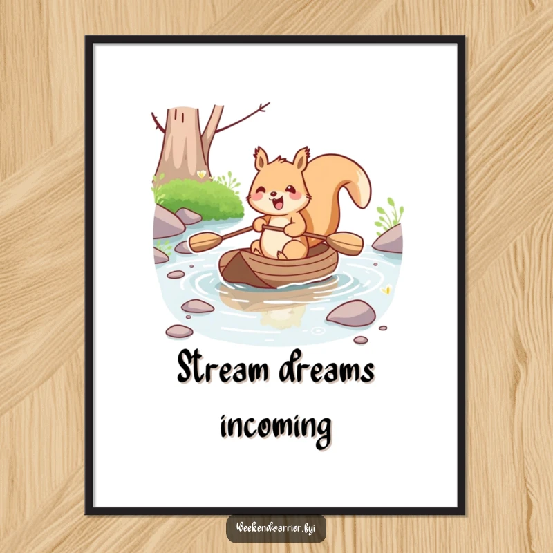 Funny kawaii squirrel joyfully paddling a small raft down a stream, as a humorous art print. Perfect wall decor for a calm vibe.
