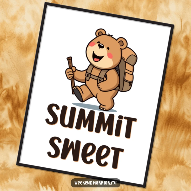 Funny bear with backpack and stick trekking uphill, a motivational and humorous art print for walls.