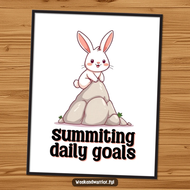Funny determined rabbit with a satisfied smile, scaling a small rock formation on a humorous poster.
