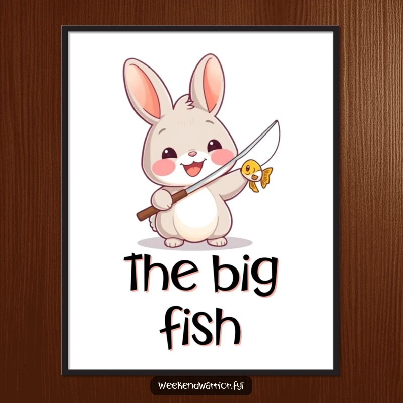 Funny poster showcasing a smiling rabbit proudly holding a fishing rod with a very small fish, celebrating a fishing win.