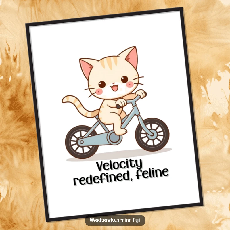 Funny Kawaii cat character humorously riding a bike at great speed on a poster, conveying playful motion.