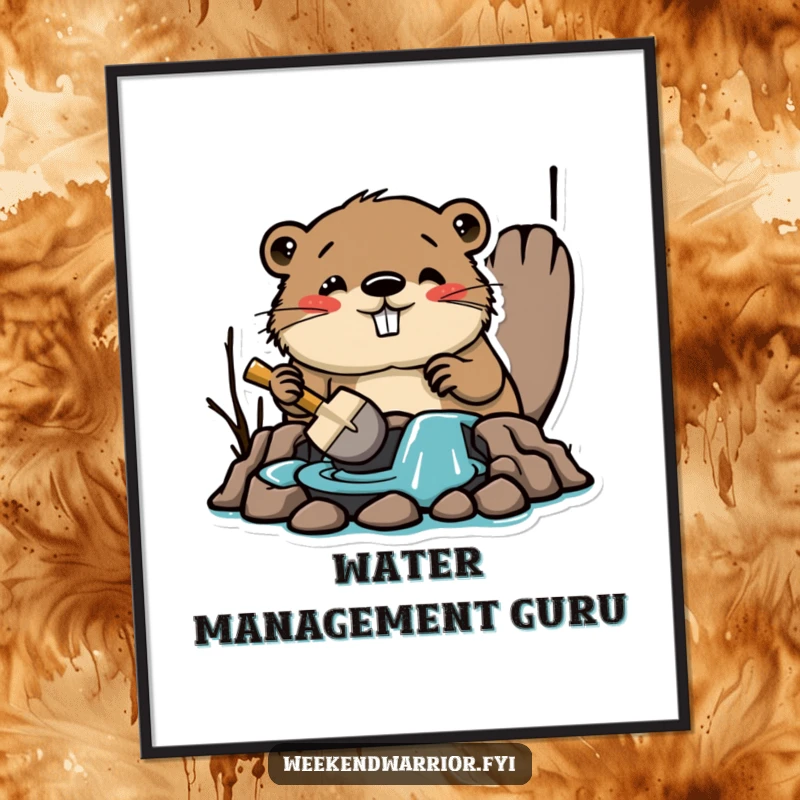 Funny poster featuring an amused beaver building a dam with a tiny shovel, bringing humorous construction charm to any space.