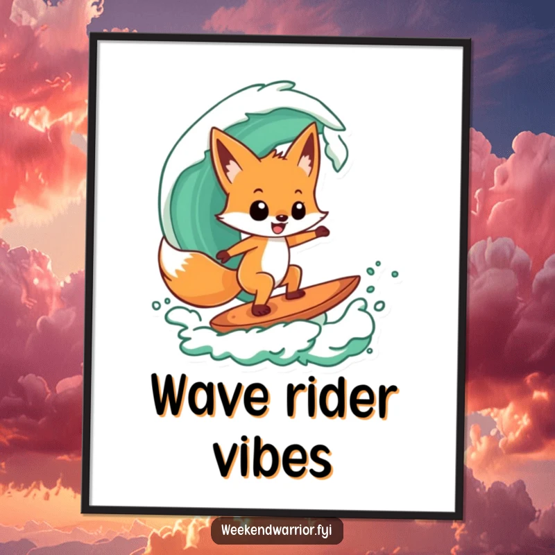 Funny poster showing a playful fox character confidently surfing a stylized green wave, embodying coolness and fun.