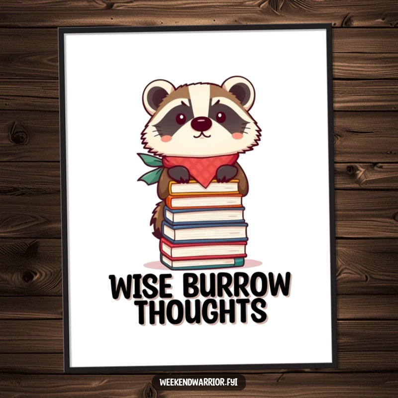 Funny poster of a focused badger in a bandana expertly balancing a stack of books, perfect for intellectual decor.