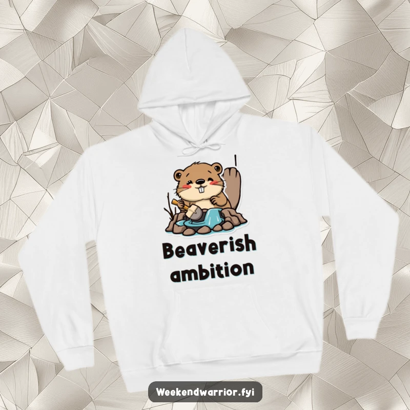 Funny hoodie featuring an amused beaver building a dam with a tiny shovel, perfect for working on projects or staying cozy.