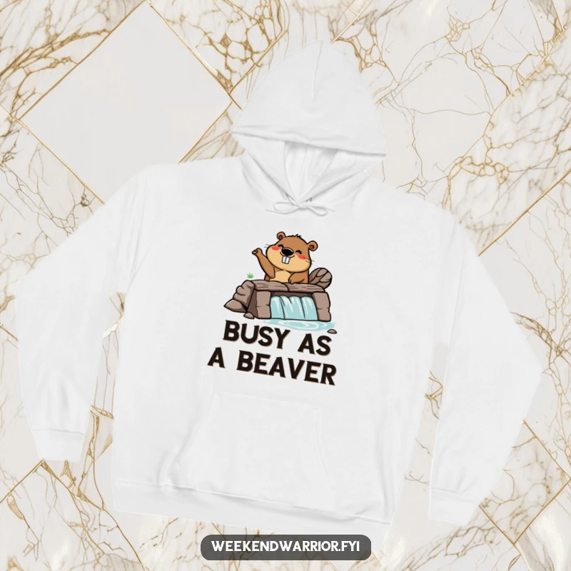 Funny hoodie showcasing a cheerful cartoon beaver tirelessly building a dam, bringing cozy, industrious humor.
