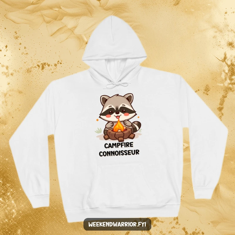 Funny Kawaii Raccoon Hoodie featuring a joyful grilling character, perfect for cozy, humorous campfire moments. Ideal funny gift.