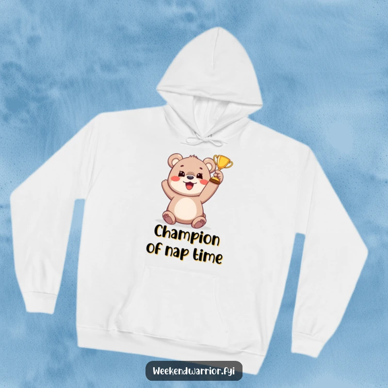 Funny bear cub hoodie showing a happy cub raising a tiny trophy, perfect for expressing joy and achievement in comfort.