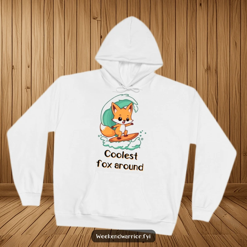 Funny hoodie featuring a playful fox character confidently riding a stylized green wave, embodying cool surfer style.