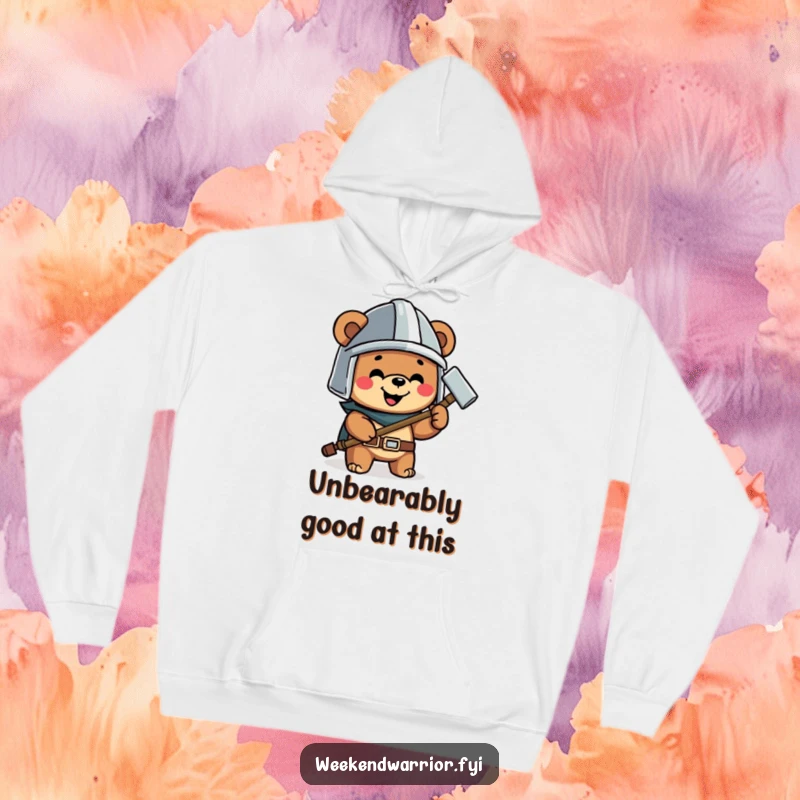 Funny hoodie with a happy bear wearing a helmet and holding a hammer, ideal for builders and DIY enthusiasts.