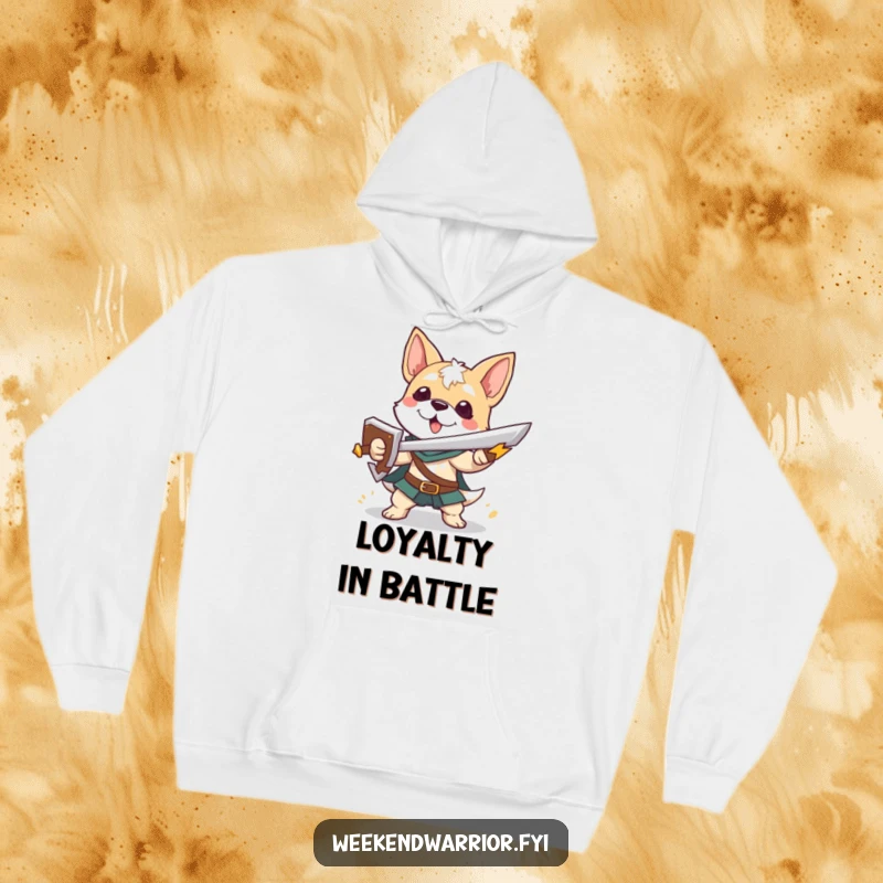 Funny hoodie with a playful dog character wielding a sword and shield, ideal for cozy adventuring.