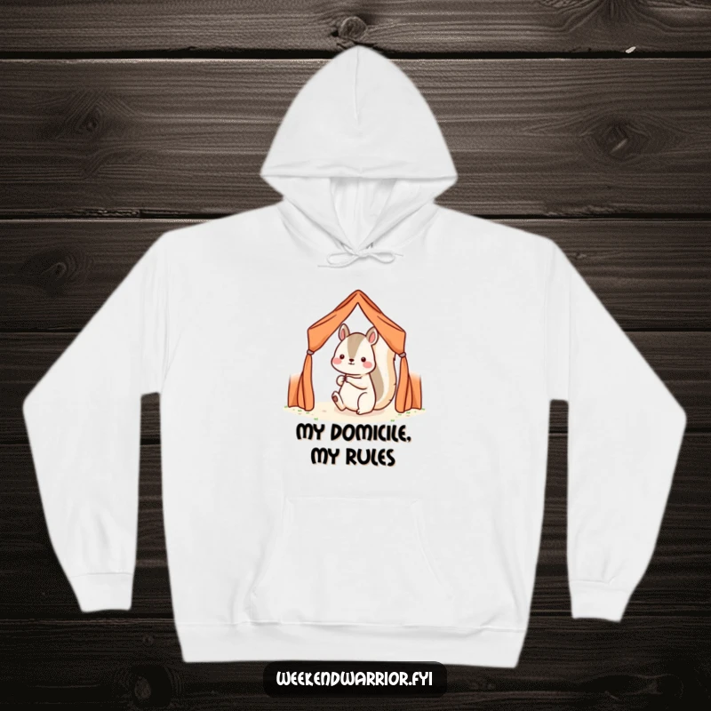 Funny Kawaii squirrel determinedly setting up a small tent on a cozy hoodie, ready for outdoor fun.