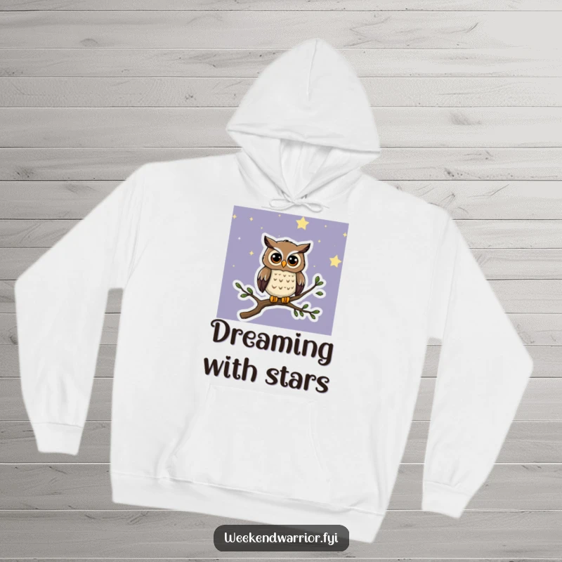 Funny hoodie showing a wise cartoon owl perched on a starry branch, offering warmth and a touch of nocturnal charm.
