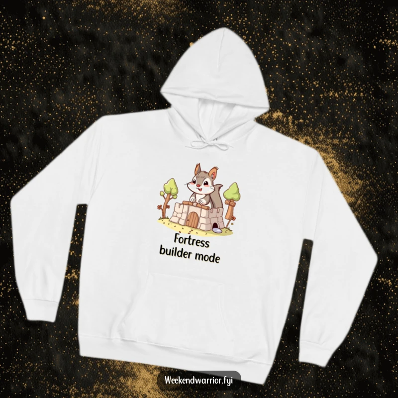 Funny Building Squirrel Hoodie showcasing a determined squirrel focused on building a small, elaborate fort, ideal for cozy wear.