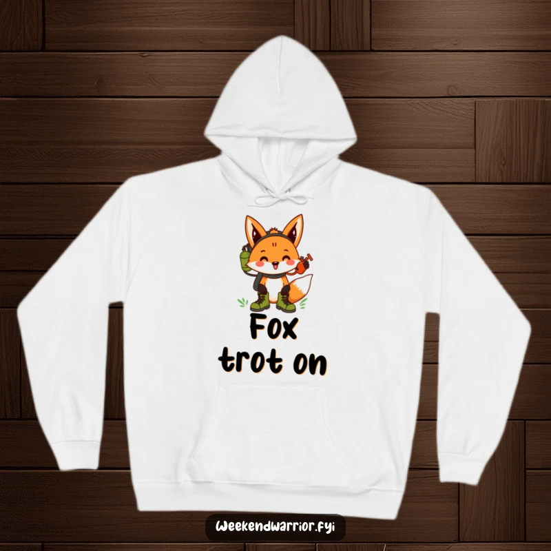 Funny fox wearing hiking boots and carrying a canteen, cheering, perfect cozy and funny gift.