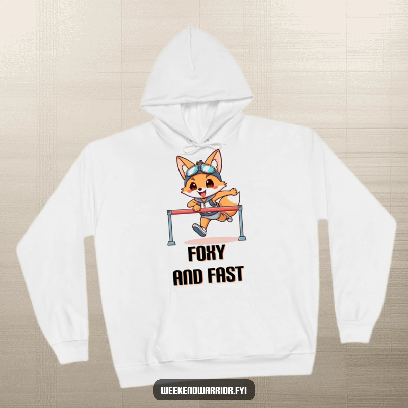 Funny hoodie featuring a smiling fox in athletic gear leaping over a hurdle, ideal for comfort and motivation.