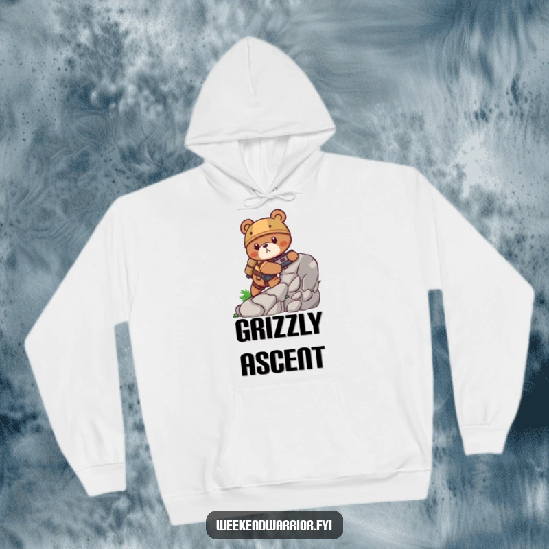 Funny bear hoodie showing a determined bear in full combat gear meticulously scaling a rugged rock face, designed for warmth and humor.